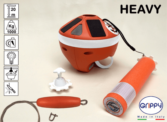 Mouillage - NA - GRIPPY HEAVY : Bouée d'orin 20m de corde 1000 kg, éclairage de nuit automatique+ câble de protection inox et crochet pour balcon